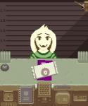 anthro bell book clock clothed clothing document electronics fur lever long_ears looking_at_viewer male metric_unit microphone number passport solo style_emulation unit watch white_body white_fur sulfurado papers_please undertale undertale_(series) asriel_dreemurr boss_monster_(undertale) bovid caprine goat mammal crossover digital_media_(artwork) pixel_(artwork)