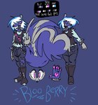 anthro big_butt blue_body blue_fur blue_highlights boots bracelet braces bulge butt clothing footwear fur hair highlights_(coloring) jewelry male shoes smile solo torn_clothing white_hair qoolbunart bloo_berry mammal mephitid skunk hi_res model_sheet