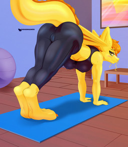 anthro ball bottomwear bra breasts clothed clothing detailed_background embarrassed exercise exercise_ball female floor fully_clothed fur furniture looking_at_viewer looking_back membrane_(anatomy) membranous_wings nipple_outline nipples non-mammal_breasts non-mammal_nipples orange_eyes pants picture_frame shirt solo sports_bra table tail tight_bottomwear tight_clothing tight_pants topwear under_boob underwear whiskers wings wood wood_floor yellow_body yellow_fur yoga yoga_pants dododragon56 asian_mythology east_asian_mythology mythology dragon eastern_dragon mythological_creature mythological_scalie reptile scalie absurd_res hi_res shaded