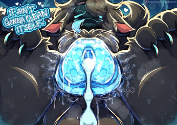anthro black_body black_fur blue_claws blue_eyes blue_tongue claws close-up dominant drooling_tongue fur genitals leaking leaking_penis machine male messy penis protogen_visor solo tongue cxnt_animate kova_(cxnt_animate) felid feline mammal protogen 2026 hi_res