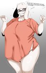 absurd_res anthro big_breasts boss_monster_(undertale) bovid breasts caprine clothing dialogue eyewear female floppy_ears fur glasses goat hi_res horn huge_breasts mammal mature_female oxid shirt solo speech_bubble t-shirt text thick_thighs topwear toriel undertale_(series) voluptuous_anthro voluptuous_female white_body white_fur wide_hips