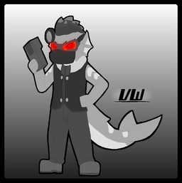 ambiguous_gender anthro boots bottomwear clothed clothing device dorsal_fin eyewear fin footwear goggles grey_body hair headgear headlamp headwear holding_device holding_object hud lamp mask pants red_eyes red_eyewear red_goggles serious_face shirt shoes simple_background solo standing tail text thick_outline topwear vest neverd atlyss madness_combat 2bdamned aquatic fish imp_(atlyss) mammal shark crossover digital_media_(artwork) signature tagme