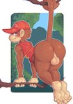 2019 5_toes anthro anus backsack balls barefoot baseball_cap big_butt biped blue_eyes blush bottomless brown_body brown_fur butt clothed clothing conditional_dnp diddy_kong digital_media_(artwork) donkey_kong_(series) feet fur genitals hanging_by_tail hanging_from_branch haplorhine hat headgear headwear hi_res looking_back male mammal monkey nintendo perineum prehensile_tail presenting presenting_anus presenting_balls presenting_hindquarters primate rear_view shirt soles solo tail tan_balls three-quarter_view toes topwear zackary911