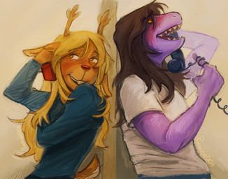 anthro antlers blonde_hair blue_clothing blue_sweater blue_topwear blush brown_body brown_fur buckteeth clothed clothed_anthro clothed_female clothing cord dark_hair duo electronics eyebrows female female/female freckled_face freckles fur hair horn long_ears long_hair looking_aside looking_up love open_mouth open_smile phone phone_call purple_body raised_arm red_nose romantic romantic_couple scut_tail sharp_teeth shirt short_tail simple_background smile sweater tail teeth topwear wall_(structure) white_background white_clothing white_shirt white_topwear yellow_eyes yellow_sclera pumee001 deltarune undertale_(series) noelle_holiday susie_(deltarune) deer mammal new_world_deer reindeer reptile scalie hi_res signature