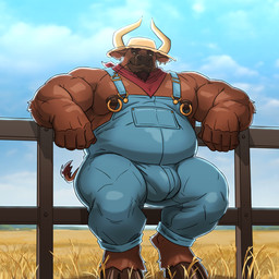 anthro areola balls_outline barazoku barefoot biceps big_bulge big_muscles big_pecs biped black_body black_fur blue_clothing blue_overalls blue_sky blue_suspenders brown_body brown_facial_hair brown_fur brown_goatee bulge clothing cloud cloudy_sky cloven_hooves detailed_bulge facial_hair farm farmer feet fence fencepost field fur genital_outline goatee hat headgear headwear hooves horn kerchief leaning leaning_backward leaning_on_fence low-angle_view male male_anthro manly mature_anthro mature_male muscular muscular_anthro muscular_arms muscular_male muscular_thighs nature nature_background nipple_piercing nipple_ring nipples object_in_mouth outside overalls pecs penis_outline piercing red_clothing red_kerchief relaxation relaxed_expression relaxing ring_piercing sky solo standing suspenders tail tail_tuft tenting thick_arms tuft unguligrade wheat wheat_field wheat_in_mouth wide_stance yellow_clothing yellow_hat yellow_headwear magniursus bovid bovine cattle mammal