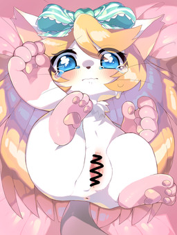 accessory anthro anus blonde_hair blue_eyes bodily_fluids bow_(feature) bow_accessory bow_ribbon centered_hair_bow chest_tuft female fur genitals gloves_(marking) hair hair_accessory hair_bow hair_ribbon ineffective_censorship leg_markings looking_at_viewer markings pawpads paws pink_markings pink_pawpads ribbons socks_(marking) solo tears tuft vulva whiskers white_body white_fur young young_anthro young_female meru_(artist) cat_busters alice_(cat_busters) domestic_cat felid feline felis mammal 2019 absurd_res censored hi_res mosaic_censorship