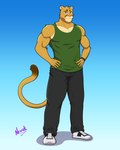 anthro biceps big_breasts big_pecs black_bottomwear black_clothing black_pants blue_background bottomwear breasts broad_shoulders claws clothing ear_piercing ear_ring faded_color footwear fur furry_ears green_clothing green_shirt green_topwear hair hands_on_hips head_tuft looking_at_viewer male markings multicolored_tail muscular muscular_anthro muscular_male nipples pants pecs piercing pink_nipples pink_nose ring_piercing shirt shoes simple_background sleeveless_shirt smile smiling_at_viewer sneakers solo spiky_hair spots spotted_markings standing tail tan_body tan_fur topwear triceps tuft whisker_markings whisker_spots white_clothing white_footwear white_shoes wristband yellow_body yellow_fur neruk neruk_(character) cougar felid feline mammal 4:5 absurd_res hi_res