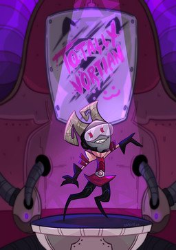 clothing detailed_background female grey_body grey_skin horn looking_at_viewer metal pink_eyes raised_arm size_difference slim smaller_female smile solo streetwear techwear text orbis invader_zim nickelodeon invader_tenn alien humanoid vortian absurd_res hi_res