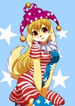 american_flag anthro belt_collar blonde_hair blue_background breasts clothing dress female female_anthro fool's_hat fur hair hat headgear headwear kemono legwear pattern_clothing pattern_dress pattern_hat pattern_headgear pattern_headwear pattern_legwear pattern_thigh_highs purple_eyes simple_background solo thigh_highs united_states_of_america yellow_body yellow_fur ruri_tsubame touhou clownpiece canid canine fox mammal