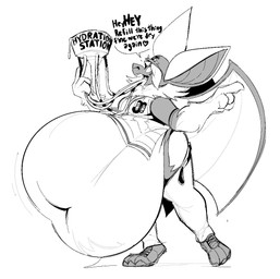 anthro armor baseball_uniform belly big_belly big_ears blind bottomwear clothing dialogue disability gesture hand_gesture headgear helmet hose hose_in_mouth hose_inflation huge_belly hyper hyper_belly inflation liquid_inflation loose_belt loose_pants male navel offscreen_character pants pointing pointing_at_another shirt solo speech_bubble sportswear t-shirt talking_to_another topwear uniform wings boot_(artist) anatoli_(boot) bat mammal monochrome