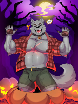 anthro bottomwear bulge clothing eyebrows eyes_closed full_moon growth holidays hyper jack-o'-lantern male male/male moon muscle_growth muscular muscular_male navel pecs scar shorts solo tail kurokawashinichi_(artist) halloween mythology canid canine humanoid mammal mythological_canine mythological_creature werecanid werecanine werecreature werewolf 3:4 hi_res