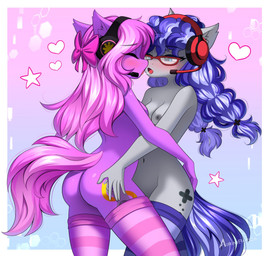 accessory anthro anthro_oc blush bow_ribbon breasts butt clothing duo earth electronics eyewear female female/female footwear glasses gradient_background hair_accessory hair_bow hair_ribbon headgear headphones headset kiss_on_the_lips kissing love nipples nude passepartout planet pony_oc ribbons simple_background socks stripes airiniblock hasbro my_little_pony cinnabyte lillybit earth_pony equid equine horse mammal pony original_character questionable hi_res