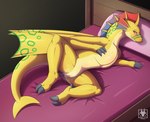 bed bedroom_eyes blush bodily_fluids claws featureless_chest female feral frill_(anatomy) furniture genitals half-closed_eyes membrane_(anatomy) musk musk_clouds narrowed_eyes nude on_bed presenting presenting_pussy pussy red_eyes seductive smile solo spread_legs spreading sweat tail wings yellow_body n1k0 angels_with_scaly_wings european_mythology mythology adine_(angels_with_scaly_wings) dragon mythological_creature mythological_scalie scalie western_dragon wyvern hi_res