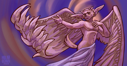 abstract_background anthro cape cape_only clothing feathered_wings feathers male mostly_nude solo wings holkaqonka absurd_res hi_res