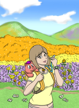 ambiguous_feral ambiguous_gender backpack bottomwear brown_eyes brown_hair clock clothed clothed_human clothing cloud duo exposed_belly female female_human feral flower flower_field fur grey_bottomwear grey_clothing grey_eyes grey_pants hair human_focus light_body light_skin lips looking_at_another nature nature_background navel not_furry_focus open_mouth outside pants pink_body pink_fur pink_lips plant purple_hair sky topwear watch yellow_backpack yellow_clothing yellow_topwear young young_ambiguous young_feral carpdime fluffy_pony ambient_arthropod ambient_butterfly ambient_insect fluffy_pony_(species) human mammal 2022 digital_media_(artwork) shaded