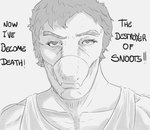 anthro clothing dialogue front_view hair male shirt short_hair snout solo tank_top text topwear badfidhell cavemanon_studios goodbye_volcano_high oppenheimer snoot_game j._robert_oppenheimer reed_(gvh) dinosaur dromaeosaurid prehistoric_species reptile scalie theropod velociraptor 2023 absurd_res black_and_white english_text hi_res meme monochrome
