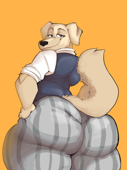 anthro big_butt black_eyebrows black_nose blue_clothing blue_topwear blue_vest bottomwear brown_eyes butt clothed clothed_anthro clothed_male clothing eyebrows fur grey_bottomwear grey_clothing grey_pants half-closed_eyes looking_back male mouth_closed narrowed_eyes orange_background pants pattern_bottomwear pattern_clothing pattern_pants rear_view shirt simple_background smile solo striped_bottomwear striped_clothing striped_pants stripes tail tan_body tan_fur topwear vest white_clothing white_shirt white_topwear cr4zydonuts1 beastars jack_(beastars) bird_dog canid canine canis domestic_dog golden_retriever hunting_dog mammal retriever 2025 3:4 digital_drawing_(artwork) digital_media_(artwork) english_description hi_res
