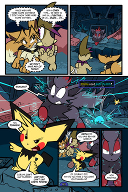 6_panel_comic ambiguous_gender bandage black_cape black_clothing black_eyes black_text blue_eyes blue_text brown_body brown_fur brown_hair cape cheek_spots clenched_teeth closed_smile clothing detailed_background dialogue dot_pupils ellipsis exclamation_point eye_patch eyebrows eyelashes eyewear feral fluffy fluffy_tail fur gameplay_mechanics group hair half-closed_eyes inner_ear_fluff kerchief looking_at_another motion_lines mouth_closed narrowed_eyes one_eye_obstructed page_number paws pupils purple_eyes purple_kerchief quadruped question_mark red_cheeks smile speech_bubble tail talking_to_another teeth text text_box toony tuft tusks white_pupils white_sclera white_text yellow_body yellow_text virmir nintendo pokemon pokemon_mystery_dungeon spike_chunsoft medik_jackal virmir_(character) zinc_(zincxiron) axew eevee generation_1_pokemon generation_2_pokemon generation_5_pokemon pichu pokemon_(species) zorua 2026 2:3 absurd_res comic english_text hi_res male_(lore)