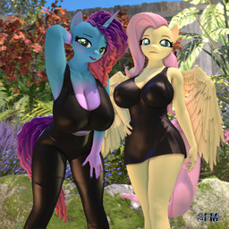 anthro anthrofied big_breasts biped black_body blue_body bottomwear breast_focus breasts cleavage clothed clothing detailed_background dress duo eyebrows eyelashes feathered_wings feathers female glistening glistening_bottomwear glistening_clothing glistening_dress glistening_topwear hair hand_on_hip horn looking_at_viewer outside pink_hair pupils smile thick_thighs topwear wings yellow_body anthroponiessfm friendship_is_magic hasbro mlp_g5 my_little_pony mythology fluttershy_(mlp) misty_brightdawn_(mlp) equid equine mammal mythological_creature mythological_equine unicorn 1:1 3d_(artwork) digital_media_(artwork) hi_res