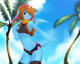 accessory anthro backpack blue_body blue_skin bottomwear brown_hair bulge clothed clothing cloud collar dolphin_shorts femboy green_eyes hair headband horn legwear male membrane_(anatomy) membranous_wings outside palm_tree plant shirt shorts skimpy sky solo stockings tail topwear tree wings nedoiko mythology devin_(onta) dragon equid equine hybrid mammal mythological_creature mythological_equine mythological_scalie scalie unicorn unigan 5:4