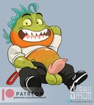 anthro balls belly clothed clothing dreamworks exposed_stomach fish footwear genitals hi_res male marine mr._piranha_(the_bad_guys) penis piranha_(fish) serrasalmid shoes showing_teeth smile snowmutt solo tapering_penis the_bad_guys