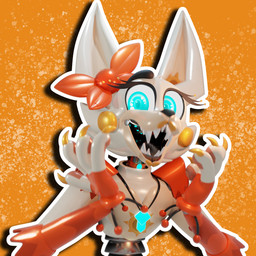 4_fingers abstract_background anthro big_ears blue_eyes bow_(feature) bow_ribbon claws eyebrows eyelashes female fingers glowing glowing_eyes lips long_ears looking_at_viewer machine open_mouth orange_background orange_body orange_lips orange_skin pawpads sharp_teeth shoulder_pads simple_background smile solo sun teeth thick_eyebrows three-quarter_view white_body white_skin sunnyjd04 animator's_hell sunny_(animator's_hell) animatronic canid canine fox mammal robot 1:1 2021 3d_(artwork) digital_media_(artwork) hi_res
