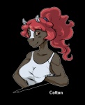 anthro breasts female hair looking_at_viewer orange_eyes outline red_hair simple_background smile solo text transparent_background spn corruption_of_champions cotton_(coc) equid equine horse mammal alpha_channel english_text herm_(lore)