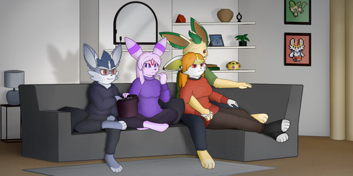 anthro big_ears bottomwear clothing curtains digitigrade eyewear female food framed_picture furniture gem glasses group hair hand_holding incense inside lamp living_room long_hair male movie_night pants plant popcorn purple_clothing red_clothing red_eyes red_gem red_sweater red_topwear shelf sitting sofa sweater topwear watching_television mavekartz nintendo pokemon danya_(anewkindofcreature) cinderace eeveelution espeon generation_2_pokemon generation_4_pokemon generation_8_pokemon glaceon hybrid leafeon pokemon_(species) umbreon absurd_res hi_res