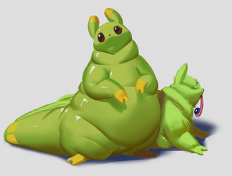 ambiguous_gender belly big_belly big_tail black_eyes blep dewlap_(anatomy) duo eyes_closed feral food glistening glistening_body green_body overweight overweight_ambiguous overweight_feral semi-anthro squish tail tongue tongue_out citrusslugcat rain_world videocult citrus_(slugcat) saint_(rain_world) slugcat
