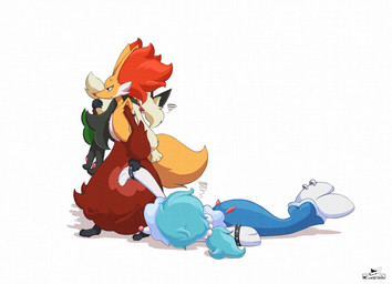 ambiguous_gender annoyed anthro blue_hair bracelet carrying_another cross-popping_vein fluffy fluffy_tail fur furgonomic_piercing furgonomics gem green_body green_fur green_hair group hair inner_ear_fluff jewelry multicolored_body necklace orange_body orange_fur pawpads paws pearl_(gem) piercing red_body red_eyes red_fur simple_background split_form tail tail_piercing trio tuft white_body white_fur yellow_body yellow_fur razgrizdl nintendo pokemon avery_(razgrizdl) krys_(razgrizdl) rose_(razgrizdl) canid canine delphox felid feline generation_6_pokemon generation_7_pokemon generation_9_pokemon mammal meowscarada pokemon_(species) primarina 2026 hi_res signature female_(lore) sibling_(lore) sister_(lore) sisters_(lore)