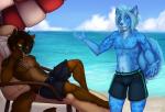 anthro beach chair clothed clothing duo eyewear furniture lounge_chair lying male navel on_back outside sand seaside smile standing sunglasses swimming_trunks swimwear topless under_shade watet shariea canid canine mammal