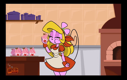 anthro body_size_growth cupcake eating eating_food expansion female food kitchen size_transformation solo speech_bubble text transformation nafyo-toons boga_squeak wego_squeak mammal mouse murid murine rodent 2025 animated english_text