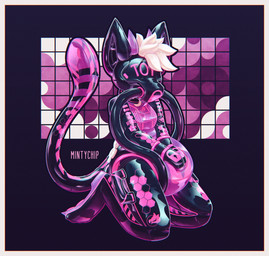 abstract_background ambiguous_gender anthro black_body breasts clothing complex_markings diaper drone dronification glistening glistening_latex hair handles_on_hips horn hosesuit inflatable inflatable_diaper kneeling latex latex_clothing latex_skinsuit lock_bulge lock_symbol long_tail markings nozzle permanent pink_markings skinsuit solo tail tight_clothing toy visor white_hair mintychipart animate_inanimate living_inflatable 2026 digital_drawing_(artwork) digital_media_(artwork) hi_res krita_(artwork) shaded nonbinary_(lore)