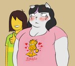 anthro black_hair blush breasts chubby_cheeks cleavage clothed clothing cross-popping_vein duo embarrassed female fur gesture hair hand_gesture male overweight overweight_anthro overweight_female shirt thumbs_up topwear white_body white_fur oxkingky deltarune garfield_(series) undertale_(series) catti_(deltarune) kris_(deltarune) domestic_cat felid feline felis human mammal 2024