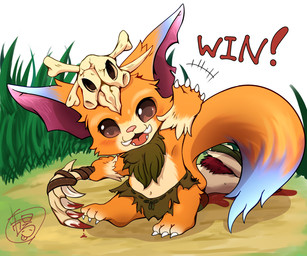 3_toes 4_fingers ambiguous_gender anthro attack barefoot biped blood bodily_fluids bone claws clothed clothing feet feral fingers fur hat headgear headwear japanese male open_mouth partially_clothed sharp_teeth skull solo teeth toes weapon young young_feral young_male m@rt league_of_legends riot_games tencent gnar_(lol) teemo_(lol) canid canine mammal yordle 2014 hi_res