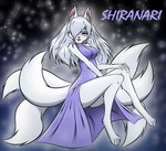 6_tails anthro blue_clothing clothing digitigrade dress female fur multi_tail solo tail turtleneck_dress white_body white_fur luciangreyfold7 shiranari_(luciangreyfold7) canid canine fox mammal hi_res