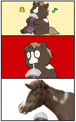 brown_body brown_fur drinking drinking_straw feral fur happy hooves horn male mane musical_note musical_symbol simple_background solo style_change surprised symbol tail white_body white_fur dinodino fluffy_pony grimace_shake mcdonald's mythology equid equine fluffy_pony_(species) horse mammal mythological_creature mythological_equine unicorn 5:8 comic hi_res meme photo_manipulation photography_(artwork)