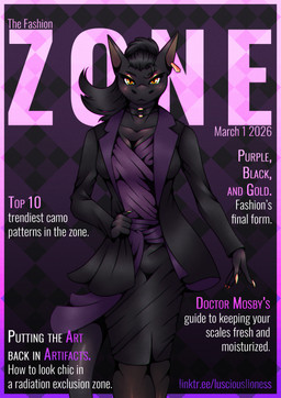 4_fingers 4_toes abstract_background accessory anklet anthro barefoot black_body black_clothing black_hair border bottomwear choker claws clothed clothing coat digitigrade ear_piercing feet female fingers front_view furgonomics hair jewelry looking_at_viewer makeup necklace piercing purple_border ring skirt solo tail tail_accessory tail_jewelry tail_ring tapering_tail text toes topwear walking yellow_eyes lusciouslioness project_silverfish inheritor lizard reptile scalie 2026 cover dated english_text hi_res magazine_cover url
