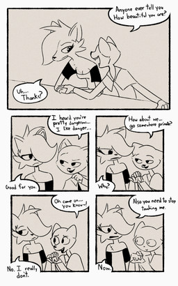 5_panel_comic annoyed anthro comic_panel dialogue disgust disgusted_face duo female flirting hair hair_over_eye hand_holding implying_sex male male/female scar speech_bubble stitch_(sewing) text threatening mrdegradation flora_flowerpot canid canine fox mammal 5:8 black_and_white comic english_text hi_res monochrome