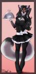 anthro bell biped black_body black_fur black_hair blush clothing collar dress feet female fur gem grey_body grey_fur hair hand_behind_head heart_symbol hindpaw long_hair looking_at_viewer maid_uniform paws pink_nose red_eyes ribbons smile solo standing tray uniform conditional_dnp mrawl oriana domestic_cat felid feline felis mammal 2014 hi_res