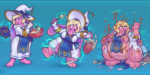 anthro apron barefoot blonde_hair blush book bowl breasts buckteeth butter clothing container dairy_products dialogue dress expansion feet female fingerless_gloves food food_transformation gloves green_background hair handwear hat headgear headwear holding_bowl holding_container holding_object holding_whisk long_ears magic navel on_one_leg open_mouth overweight pink_body shortstack shrinking simple_background size_transformation smile solo standing surprised syrup tail teeth text thigh_expansion tongue tongue_out torn_clothing transformation weight_gain witch_hat keffotin vanilla_(rescuerabbit) food_creature lagomorph leporid mammal rabbit 2026 digital_media_(artwork) english_text hi_res sequence trans_(lore) trans_woman_(lore)