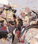 anthro clothed clothing duo eyewear facial_hair fur hair hat headgear headwear male mane mane_hair monocle sky topwear ohayashi55 lifewonders tokyo_afterschool_summoners snow_(tas) temujin_(tas) canid canine canis felid lion mammal pantherine wolf