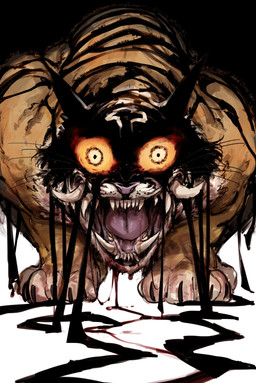 ambiguous_feral ambiguous_gender angry black_body black_fur dripping facial_tuft feral fur horror_(theme) ink ink_drip jagged_teeth looking_at_viewer nightmare_fuel open_mouth orange_body orange_eyes orange_fur pose quadruped roaring sharp_teeth solo striped_body stripes teeth thousand_yard_stare tongue tongue_out tuft doppel dream_tiger_(govy9807) felid mammal pantherine tiger 2024 absurd_res colored detailed digital_drawing_(artwork) digital_media_(artwork) hi_res portrait shaded three-quarter_portrait
