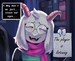 anthro clothing eyewear forced_smile fur glasses horn male note paper robe scarf solo text white_body white_fur somethinginworl deltarune undertale_(series) ralsei bovid caprine goat mammal english_text hi_res