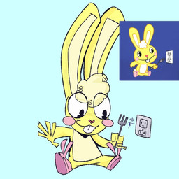 anthro blush buckteeth cutlery fork hair kitchen_utensils solo teeth tools yellow_body kfoake happy_tree_friends cuddles_(htf) lagomorph leporid mammal rabbit 1:1