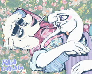 aloha_shirt anthro bow_tie cheek_spots cigarette cigarette_in_mouth clothing cuddling duo fur half-closed_eyes male markings narrowed_eyes object_in_mouth overalls pattern_clothing pattern_shirt pattern_topwear shirt smile smoking_tobacco spots spotted_body spotted_fur topwear rawdawgcomics bingus_(rawdawgcomics) stahli_(rawdawgcomics) bird_dog canid canine canis domestic_dog golden_retriever hunting_dog lagomorph leporid mammal rabbit retriever 5:4 hi_res