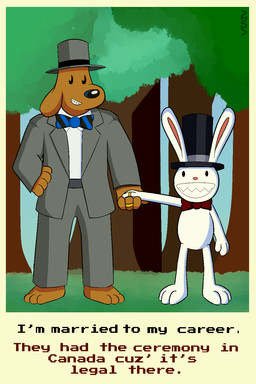 anthro bow_ribbon brown_body clothed clothing digit_ring duo hat headgear headwear jewelry male ring teeth text wedding_ring white_body azusagp sam_and_max max_(sam_and_max) samuel_dog canid canine canis domestic_dog lagomorph leporid mammal rabbit 2023 2:3 digital_media_(artwork) english_text hi_res
