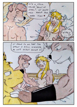 2_horns anthro aroused barazoku bed bedroom_eyes biceps black_bracelet black_nose blonde_hair blue_eyes blush bodily_fluids bovid_horn bovine_ears bovine_horn bracelet brown_body brown_fur comic_panel cum cum_on_penis dialogue eyes_closed fingers fur furniture genital_fluids genitals glowing glowing_body green_eyes hair horn humanoid_genitalia humanoid_penis jewelry long_hair magic male male/male manly multicolored_body multicolored_fur muscular muscular_anthro muscular_arms muscular_male narrowed_eyes nude on_bed pecs penis seductive speech_bubble spell teeth text thick_penis touching_chest yellow_body yellow_fur dashthefox blizzard_entertainment warcraft dashfox ebro fill_(furryratchet) kai_(dash_fox) bovid bovine canid canine canis fox mammal mustelid otter rodent sciurid tauren tree_squirrel absurd_res comic english_text hi_res multiple_scenes traditional_media_(artwork)
