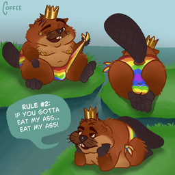 anal bulge bulge_from_behind butt clothed clothing crown feral front_view headgear lgbt_pride looking_at_viewer lying male one_eye_closed oral outside partially_clothed pasties presenting presenting_hindquarters pride_color_clothing pride_color_underwear pride_colors propositioning raised_tail rear_view rimming sex sitting solo speech_bubble speedo stickers_on_face swimwear tail text underwear wink coffee_(artist) coffeebynight hoppers_(disney) king_george_(hoppers) beaver mammal rodent absurd_res english_text hi_res