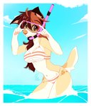 anthro bikini breasts brown_eyes brown_hair clothing day detailed_background ear_piercing ear_ring female hair midriff navel outside piercing ring_piercing sky smile solo swimwear two-piece_swimsuit wolflady danika_(wolflady) canid canine canis domestic_dog mammal 2022 digital_media_(artwork)